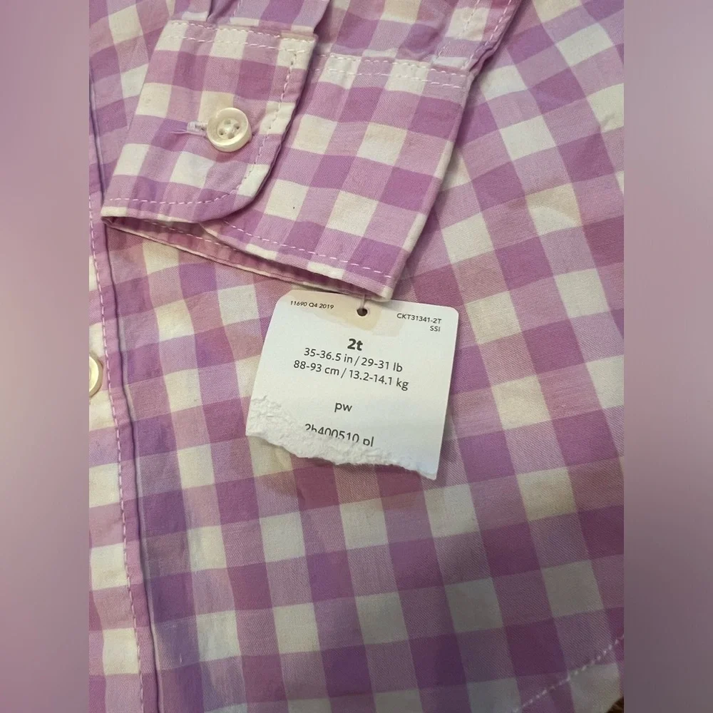 NWT Carters toddler purple‎ and white plaid button down shirt size 2T